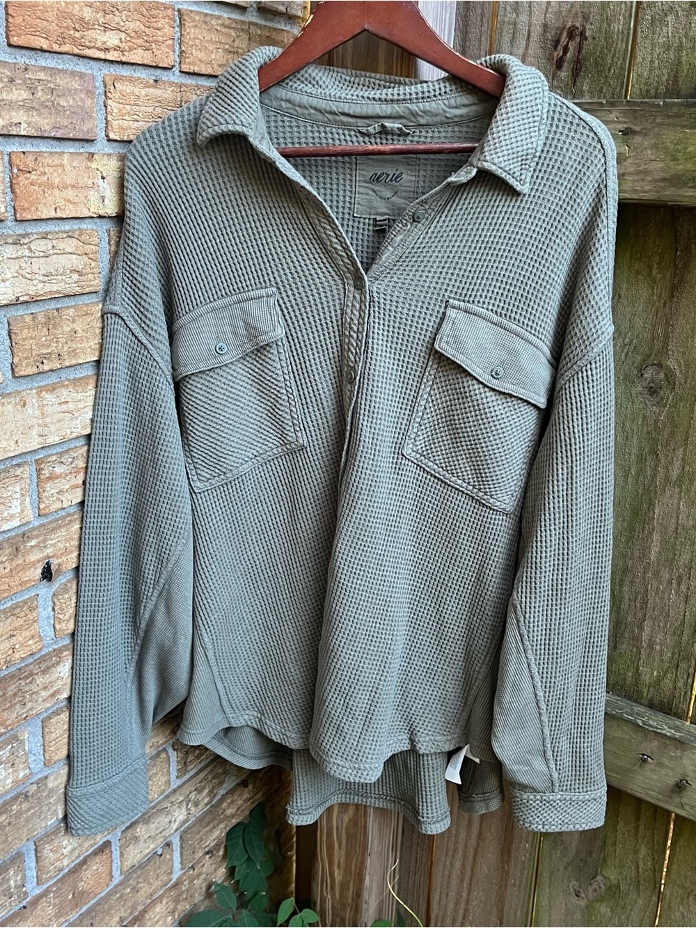 Aerie Oversized LumberJane Olive Green Waffle-Knit Button-Down Shirt Jacket